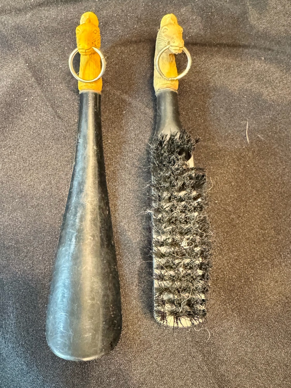Vintage mid-century equestrian shoehorn and clothes brush set